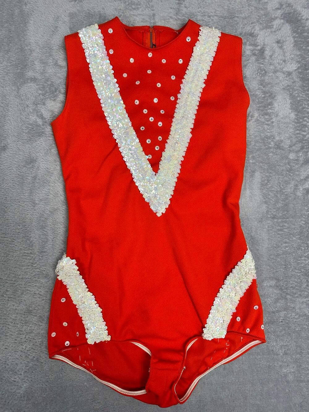 VTG Majorette Twirling Leotard Bodysuit Dance Costume Orange White Sequins  - S